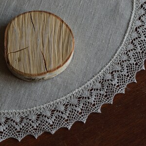 May include: A round wooden coaster with a natural wood grain finish and a light gray linen tablecloth with a delicate lace trim.