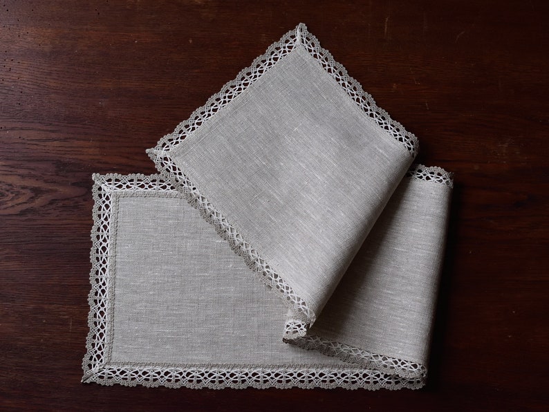 Small rectangle linen doily dresser scarf with lace trimming Narrow table runner Modern dresser top decor Oatmeal beige doily table topper image 8