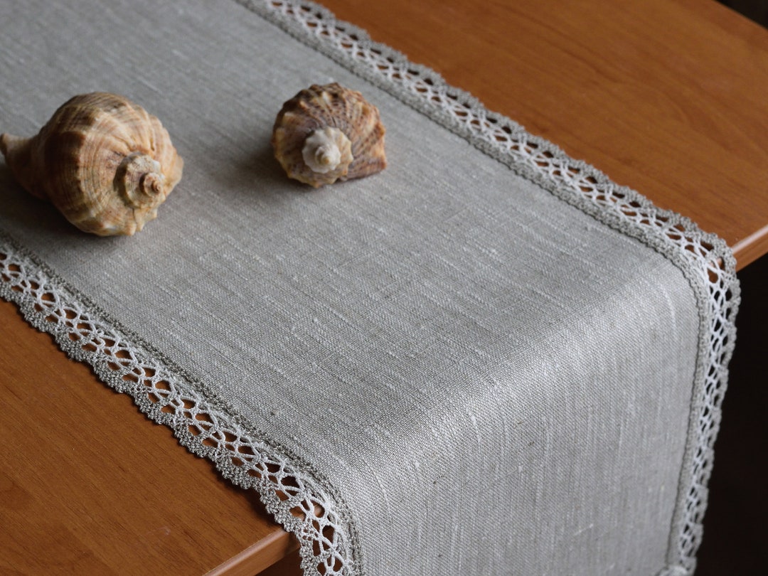 Oval or Rectangle Linen Dresser Scarf With Lace Table Runner Modern