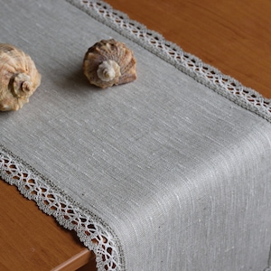Oval or rectangle linen dresser scarf with lace  table runner Modern bedroom dresser top decor Oatmeal beige Narrow doily table topper