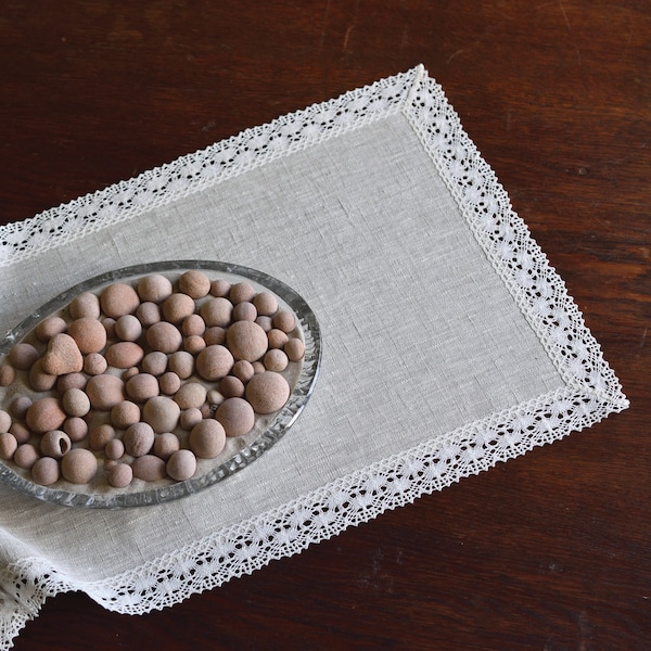 Beige and off white linen doily dresser scarf with lace edge rectangle table runner rounded elegant doily table cloth Home decor and gifts