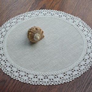 Set of lace doily table mats round oatmeal linen placemats Small table topper farmhouse dining table cloth decor 12 / 13 / 14 / 15 / 16 inch image 3