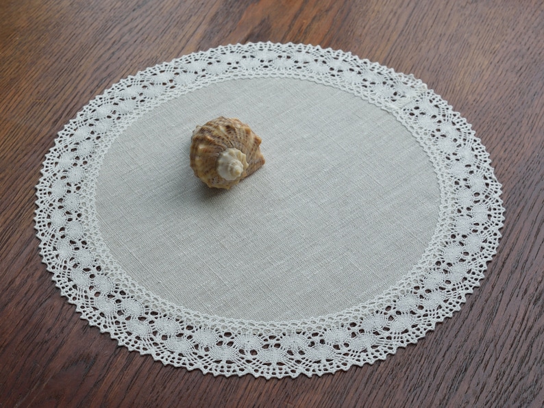 Set of lace doily table mats round oatmeal linen placemats Small table topper farmhouse dining table cloth decor 12 / 13 / 14 / 15 / 16 inch image 3