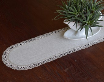 Narrow dresser scarf, Linen and lace doily table runner Modern home decor Small oval table decor