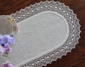Beige 12 x 25 inch lace edge table runner small linen dresser scarf Oval table centerpiece Natural table linens Center cloth for table doily