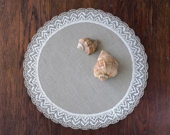 Small Round Natural Linen Tablecloth: Fall Lace Table Centerpiece, Modern Farmhouse doily