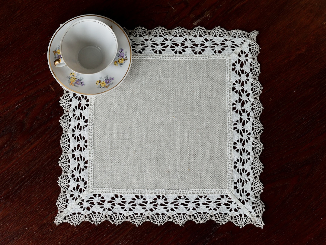 Small Square Linen Doily Placemat With Lace Edge Beige Nightstand Cover