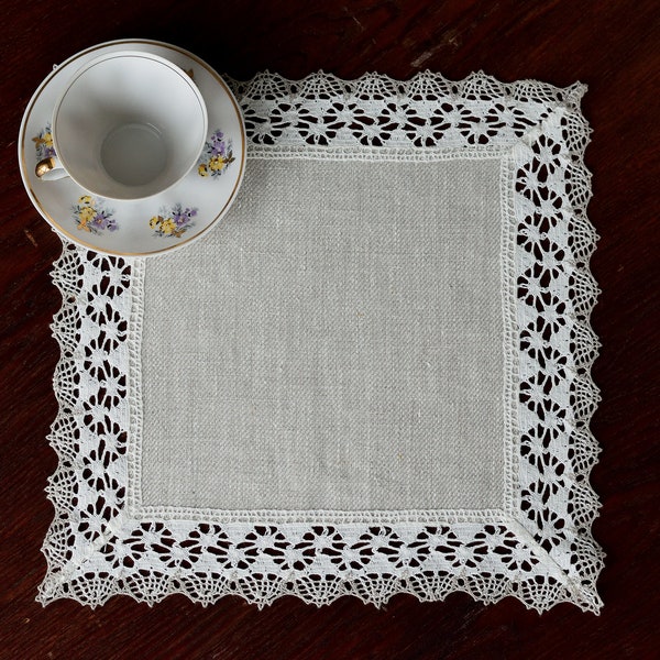 Small square linen doily placemat with lace edge Beige nightstand cover Natural cloth table topper side table cover tablecloth Home textile