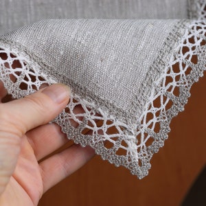 Small rectangle linen doily dresser scarf with lace trimming Narrow table runner Modern dresser top decor Oatmeal beige doily table topper image 9