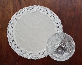 Linen and Lace Round Linen Placemats Set - Natural Beige Table Doilies 12 - 13 - 14 - 15 - 16 inch