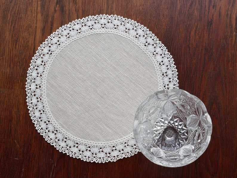 Set of lace doily table mats round oatmeal linen placemats Small table topper farmhouse dining table cloth decor 12 / 13 / 14 / 15 / 16 inch image 1