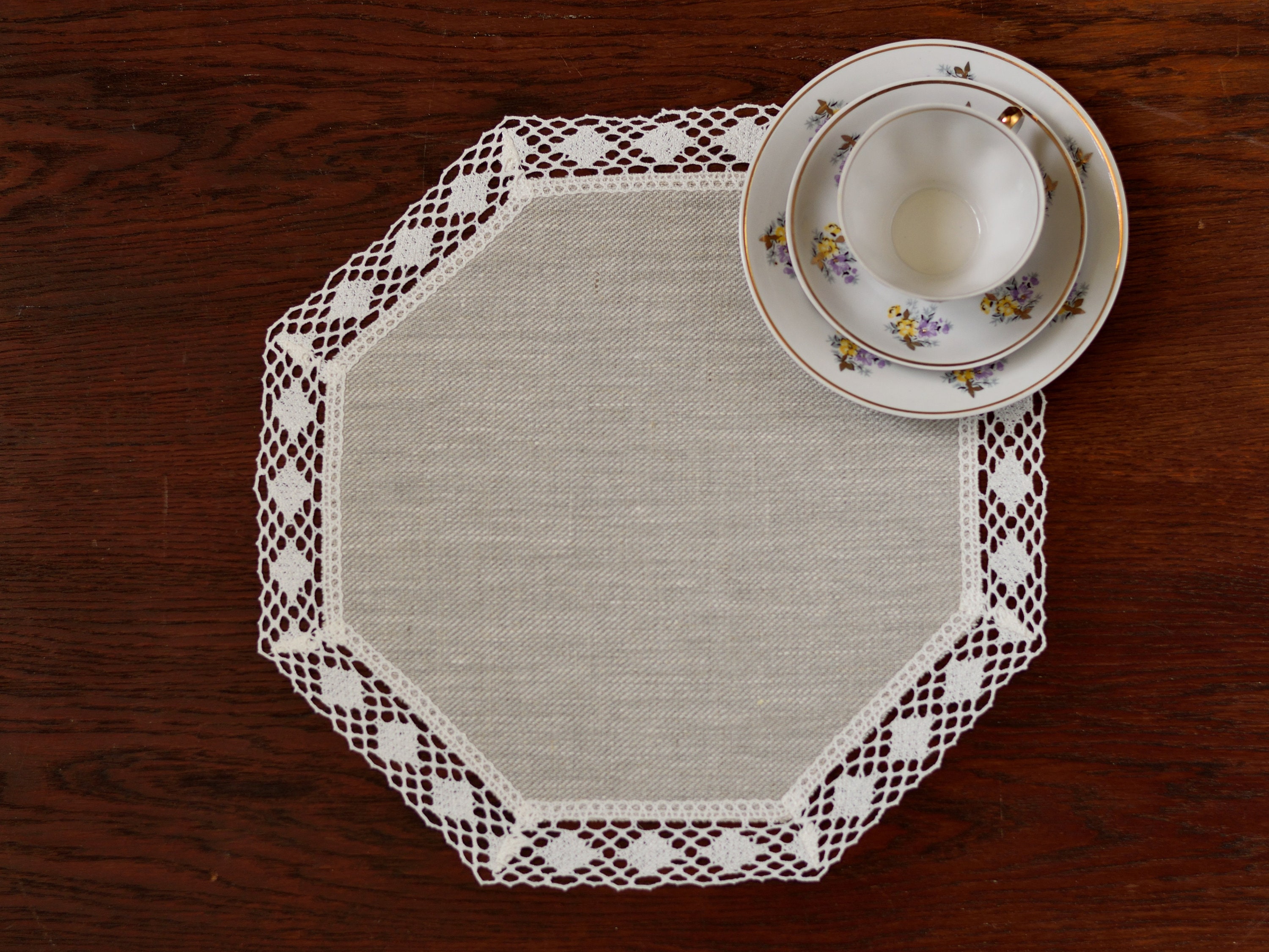 Octagonal linen doily table topper placemat with lace beige Geometric table center piece small coffee tablecloth 15 inch
