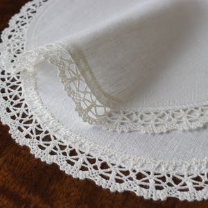 Oval linen lace doily Small table runner Off white dresser scarf Modern cloth table topper Coffee table centerpiece in Custom size image 4