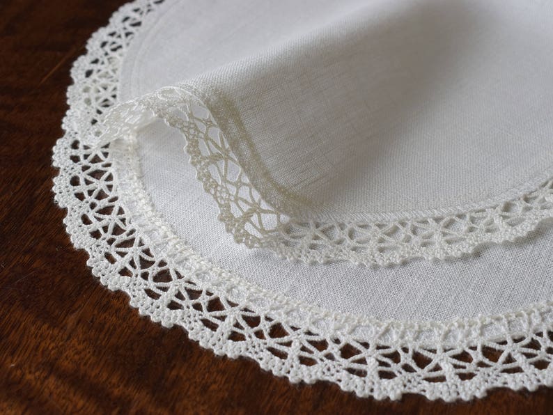 Oval linen lace doily Small table runner Off white dresser scarf Modern cloth table topper Coffee table centerpiece in Custom size image 4