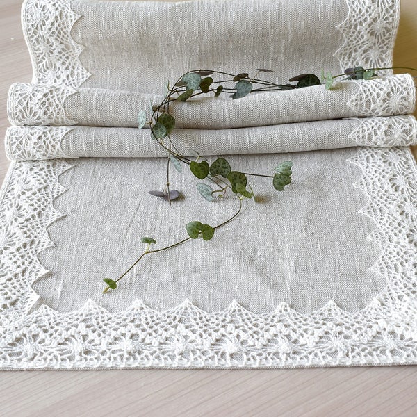 Linen table runner with lace border / Long dining table scarf / Beige table centerpiece / 36 / 46 / 60 / 72 / 90 / 120 / 140 / 160 inch