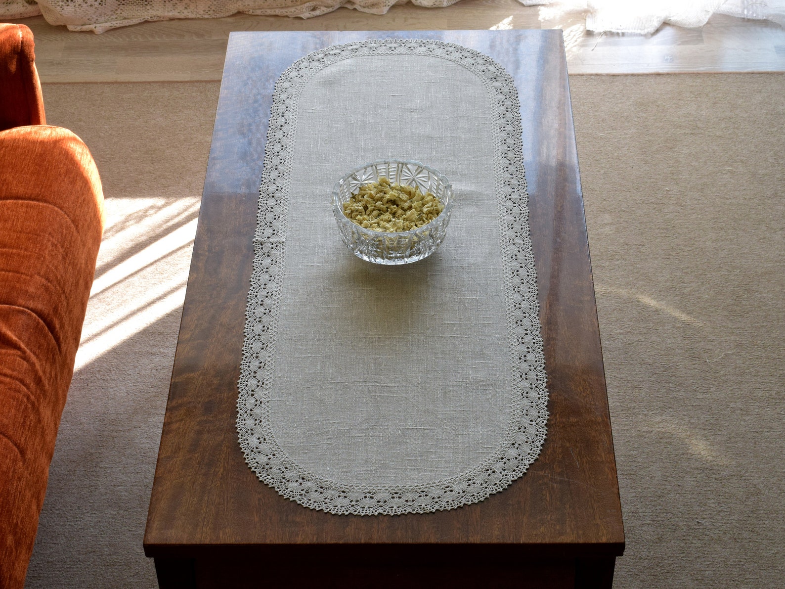 Natural Linen Oval Table Runner With Lace Edge Rustic Table Etsy