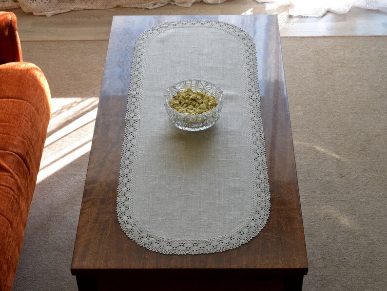 Natural Linen Oval Table Runner With Lace Edge Rustic Table Etsy