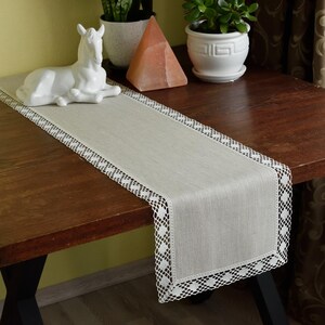 Beige linen lace table runner with off-white edge, rectangle dining table centerpiece 12 x 60 inch