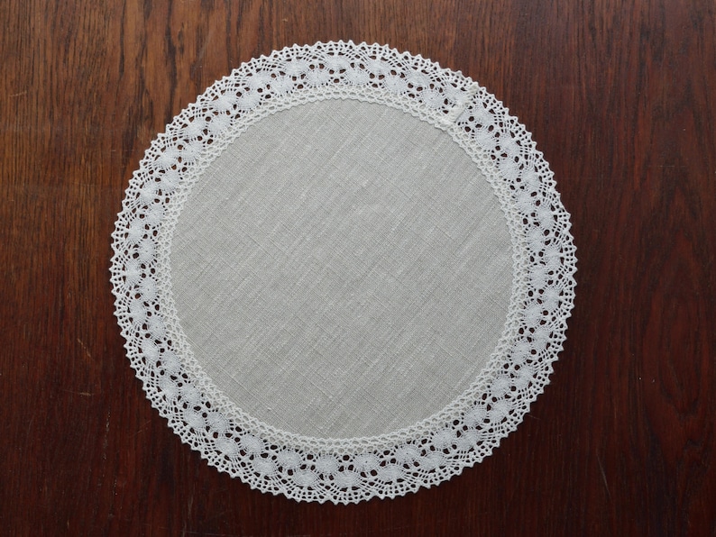 Set of lace doily table mats round oatmeal linen placemats Small table topper farmhouse dining table cloth decor 12 / 13 / 14 / 15 / 16 inch image 7