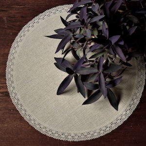 24 inch round natural linen table cloth with lace edge