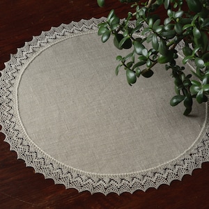 Small round rustic tablecloth with lace edge doily table top cover Sustainable natural linen burlap coffee table topper / from 18 to 40 inch