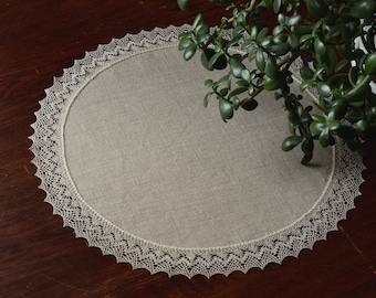 Small round rustic tablecloth with lace edge doily table top cover Sustainable natural linen burlap coffee table topper / from 18 to 40 inch