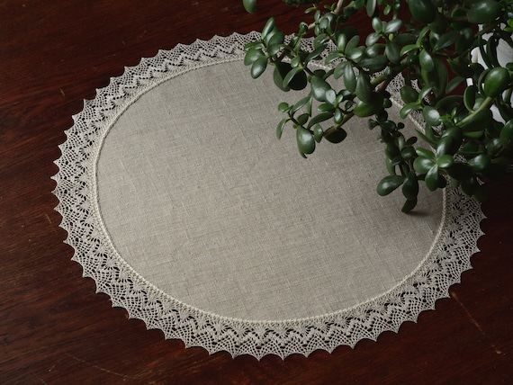 Small round rustic tablecloth with lace edge doily table top cover Sustainable natural linen burlap coffee table topper / from 18 to 40 inch