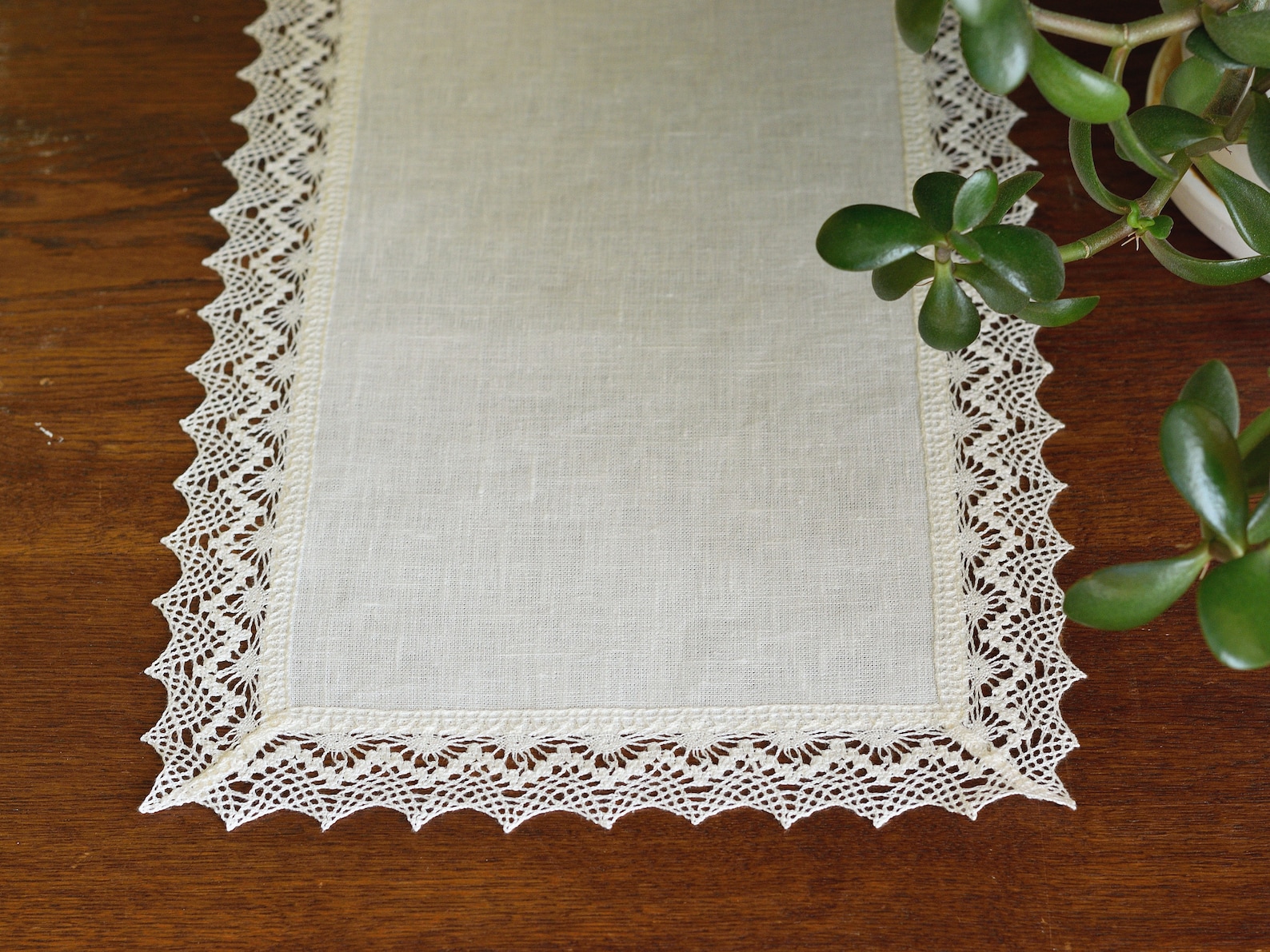 Off White Linen Table Runner With Lace Edge Rectangle or Oval Etsy