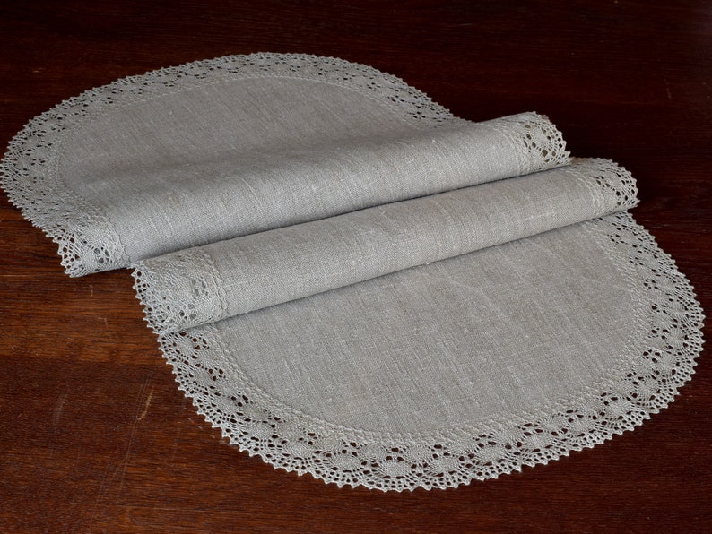 Natural Linen Oval Table Runner With Lace Edge Rustic Table Etsy