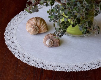 Round linen placemat with lace, End table centerpiece, Off white Wedding doilies 15 / 16 / 17 / 18 / 19 / 20 / 21 / 22 / 23 / 24 / 25 inch