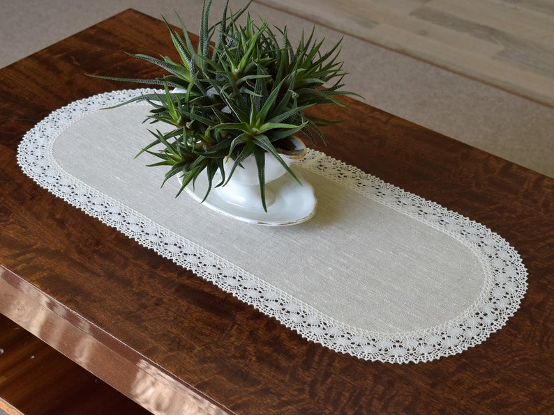 Beige Small Oval Doily Table Runner With White Lace Edge Etsy