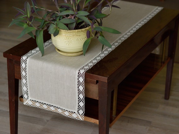 Extra Long Beige Linen Table Runner With Lace Border Rectangle Dresser Scarf Farmhouse Sideboard Runner 36 46 72 90 120 140 Home Decor Etsy UK