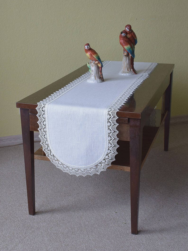 Off white linen table runner with lace edge oval dresser scarf Etsy