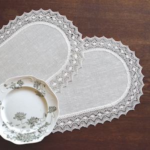 Linen and lace table placemats Set of small cloth doilies Dressing table mat Thanksgiving table decor Kitchen plate mats washable 12 x 18 in