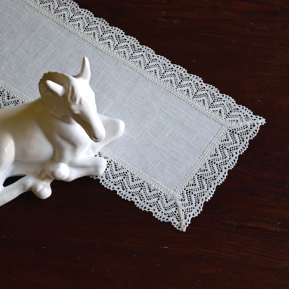 Rectangular doily table runner linen and lace dresser scarf for bedroom Off  white furniture cover Narrow small table topper home decor