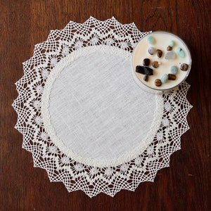 Round linen doily small off white linen lace place mats modern table topper Antique Vintage style table decor Set of reusable doily mats