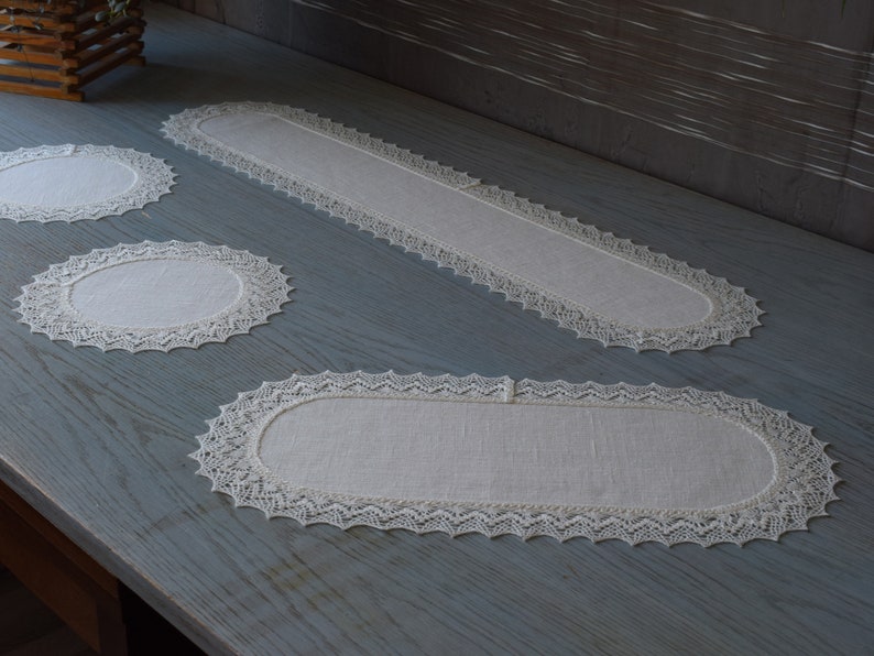 Linen Crochet Doily White Table Topper With Lace Small Table Runner