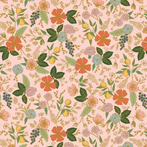 Rifle Paper Co. Orchard Collection&#39;s Colette fabric in Blush Metallic by Anna Bond cotton yardage from Cotton and Steel 100%
