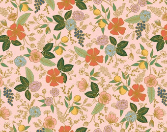 Tela Colette de la colección Orchard de Rifle Paper Co. en color Blush Metallic de Anna Bond, yardas de algodón de Cotton and Steel 100%