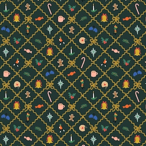 May include: A repeating pattern featuring Christmas-themed illustrations on a dark green background. The design includes gingerbread men, candy canes, bells, stars, holly, and mugs of cocoa, all connected by a gold ribbon lattice.