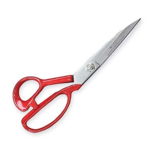 May include: Red handled scissors with a silver blade. The blade has the text "Left Stitch or Trim as my Promise".