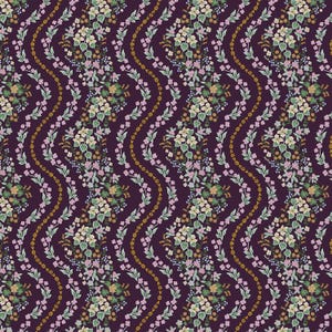 May include: A repeating pattern of flowers and vines on a dark purple background. The design features clusters of white, pink, and green flowers, with gold and pink vines creating a wavy vertical pattern.