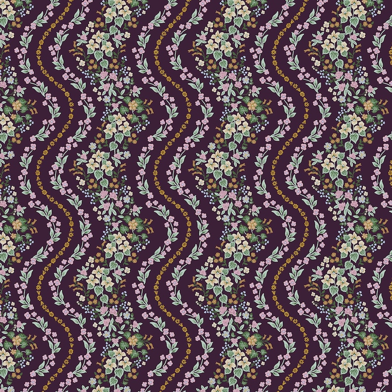 May include: A repeating pattern of flowers and vines on a dark purple background. The design features clusters of white, pink, and green flowers, with gold and pink vines creating a wavy vertical pattern.