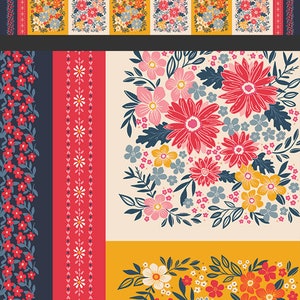 Könnte beinhalten: Blumenstoff mit einem sich wiederholenden Muster aus bunten Blumen in Quadraten auf gelbem Hintergrund. Der Stoff hat auch Blumenbordüren in Rot, Marineblau und Creme. Der Text "44-45" WIDE (WOF)" steht oben.