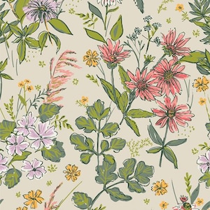 May include: A floral pattern featuring a variety of flowers and foliage in shades of pink, yellow, green, and white on a beige background. The design includes detailed illustrations of daisies, wildflowers, and leaves, creating a natural, botanical theme.