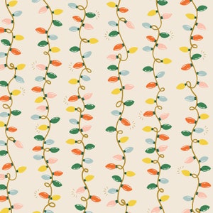 May include: A seamless pattern of colorful Christmas lights strung together on a white background. The lights are in various colors, including red, green, blue, yellow, and pink.