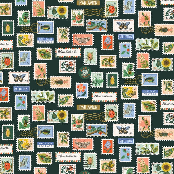 Rifle Paper Co., Curio, Botanical Postage Stamps, Hunter Metallic, RP1104 HU2M, Cotton and Steel, quilting cotton, apparel fabric, home deco