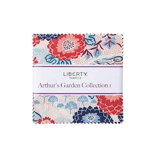 Liberty Fabrics Arthurs Garden 5 inch stacker, pre cut bundle of 42 squares, 100% cotton quilting weight, assorted red, white and fabric
