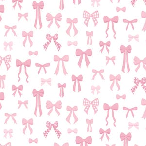 Op de afbeelding: Een herhalend patroon van roze strikken in verschillende maten en stijlen op een witte achtergrond. Sommige strikken hebben lange linten, andere zijn eenvoudig. Sommige strikken hebben een ruit- of stippenpatroon.
