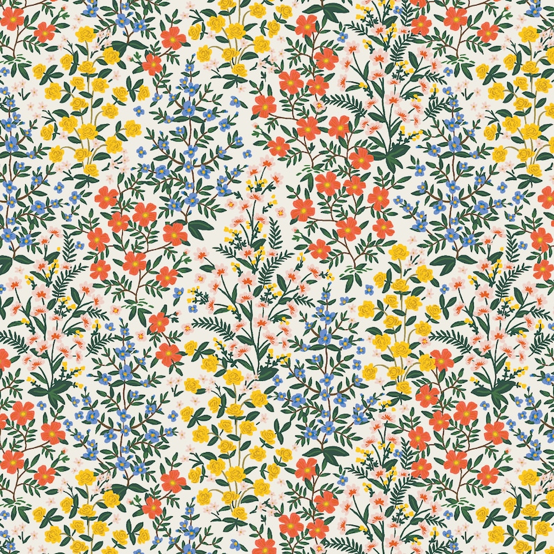 May include: A seamless pattern featuring a variety of small flowers in shades of red, yellow, blue, and white on a cream background. The flowers are arranged in a random pattern, creating a cheerful and whimsical design.